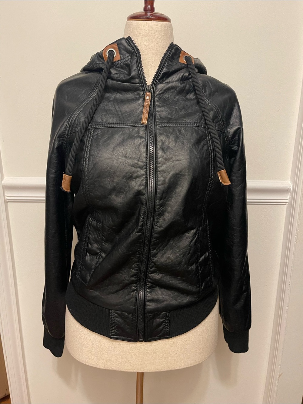 JouJou Faux Leather Hooded Moto Jacket – Black | Women’s